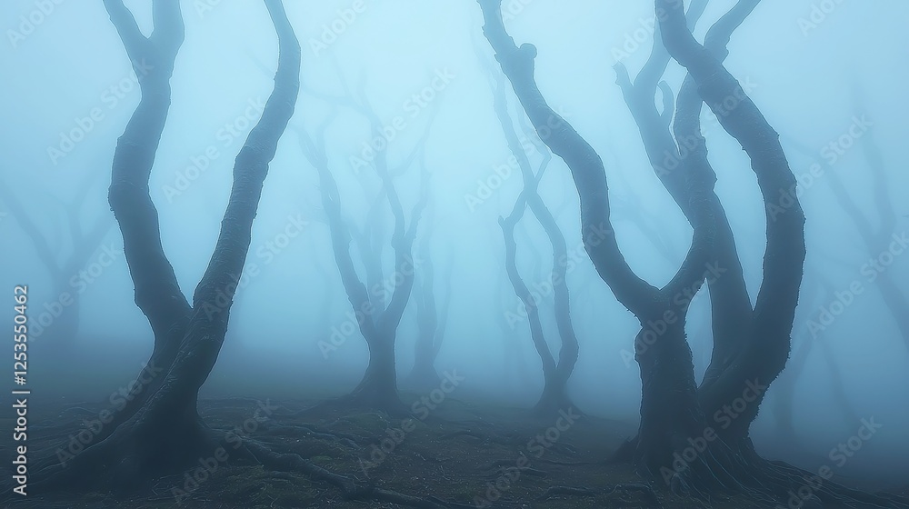 Poster enigmatic forest mist, ethereal fog curls around ancient trees, creating a serene atmosphere where n