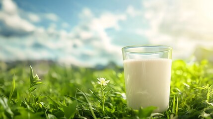 Glass of milk on green grass with white wildflowers in sunny meadow.
