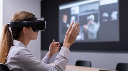 A woman wearing a virtual reality headset is playing a game. She is holding her hands up in the air, as if she is reaching for something. The room she is in has a modern, high-tech feel