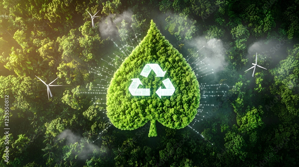 Aufkleber Futuristic vision of a sustainable ecosystem that combines nature and advanced technology to reduce carbon emissions  The scene depicts a green forest shaped like a leaf with digital energy symbols
