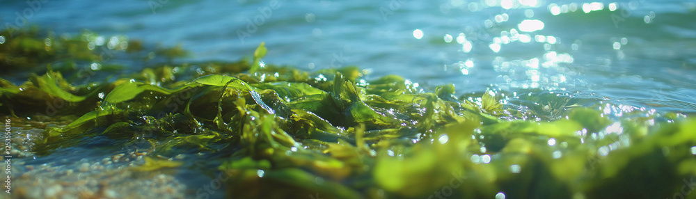 Poster close-up view of wet seaweed washed ashore with vibrant textures and bright background