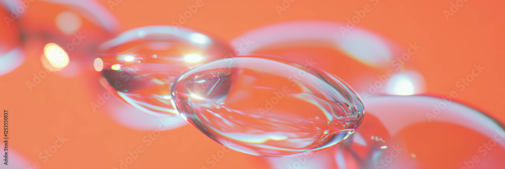 Poster clusters of droplets merge to form larger beads with vibrant reflections against a bright background