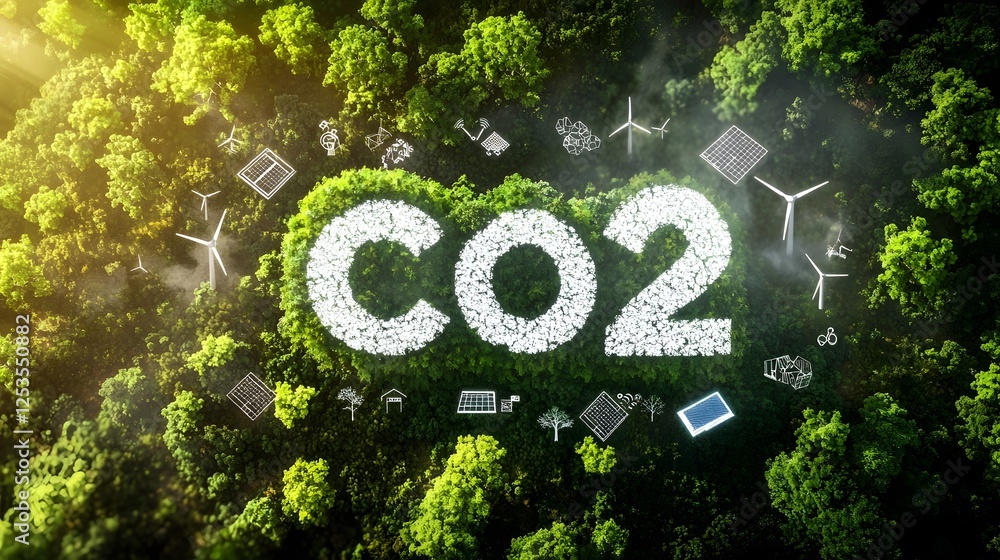 Poster a highly detailed and visually striking representation of carbon neutrality featuring a lush green l
