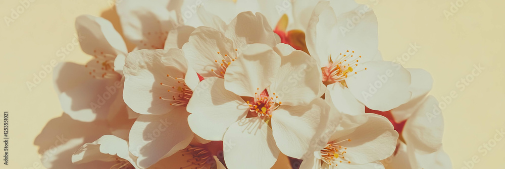 Poster Cluster of sakura petals create a heart shape on a bright yellow background for a cheerful touch