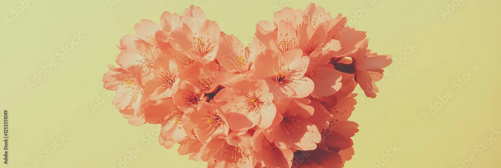 Poster Cluster of sakura petals arranged in a heart shape on a bright yellow background
