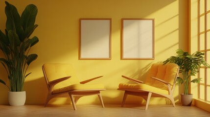 Bright and Cozy Interior with Yellow Walls and Comfortable Chairs Bathed in Sunlight