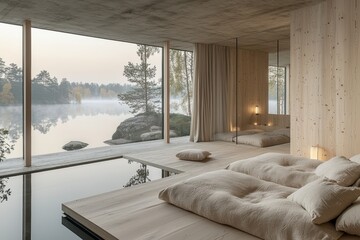 Tranquil nordic-inspired lakeside retreat serene environment contemporary design relaxation concept