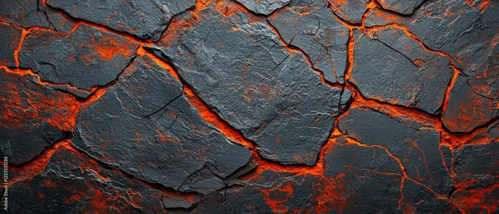 Poster black slate wall with random crack pattern and warm accents for textures and backgrounds in artistic