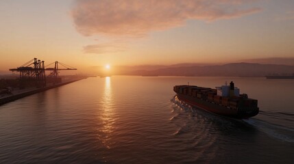 Obraz premium A large ship is sailing in the ocean with the sun setting in the background. The scene is serene and peaceful, with the ship's movement creating ripples in the water