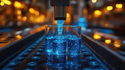 A blue liquid being dispensed into three glasses on a production line.