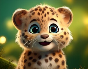 Fototapeta premium Niedliches Leopardenbaby, grüner Hintergrund