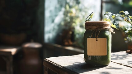 Green smoothie in mason jar with label on rustic table by window