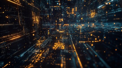 Abstract digital network with glowing lines and dots on a dark background