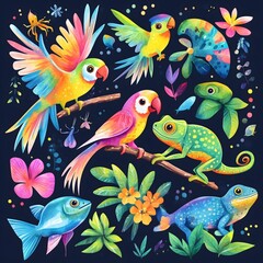 Vibrant Tropical Wildlife Illustration with Parrots, Chameleons, and Exotic Plants