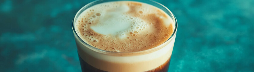 Cup of macchiato showcasing layers of coffee and milk against a bright backdrop