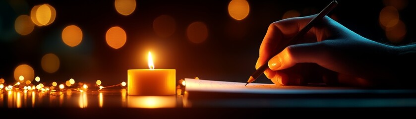A hand writes on paper beside a flickering candle, creating a cozy and intimate atmosphere filled with warm light.