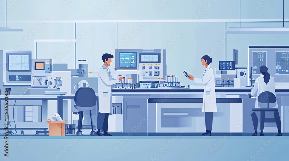 Poster engineers developing and testing innovative industrial machinery in a research and development lab.