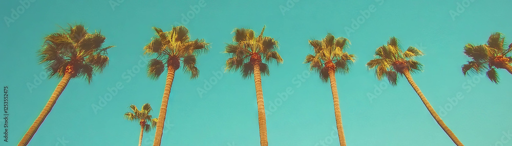 Poster palm trees with leaning trunks against a clear blue sky create a vibrant backdrop