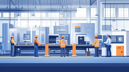 Engineers and workers supervising the production process in an industrial factory, ensuring efficiency.