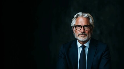 Fototapeta premium Confident businessman in suit,CEO,standing against dark background,portrait,copy space,banner.