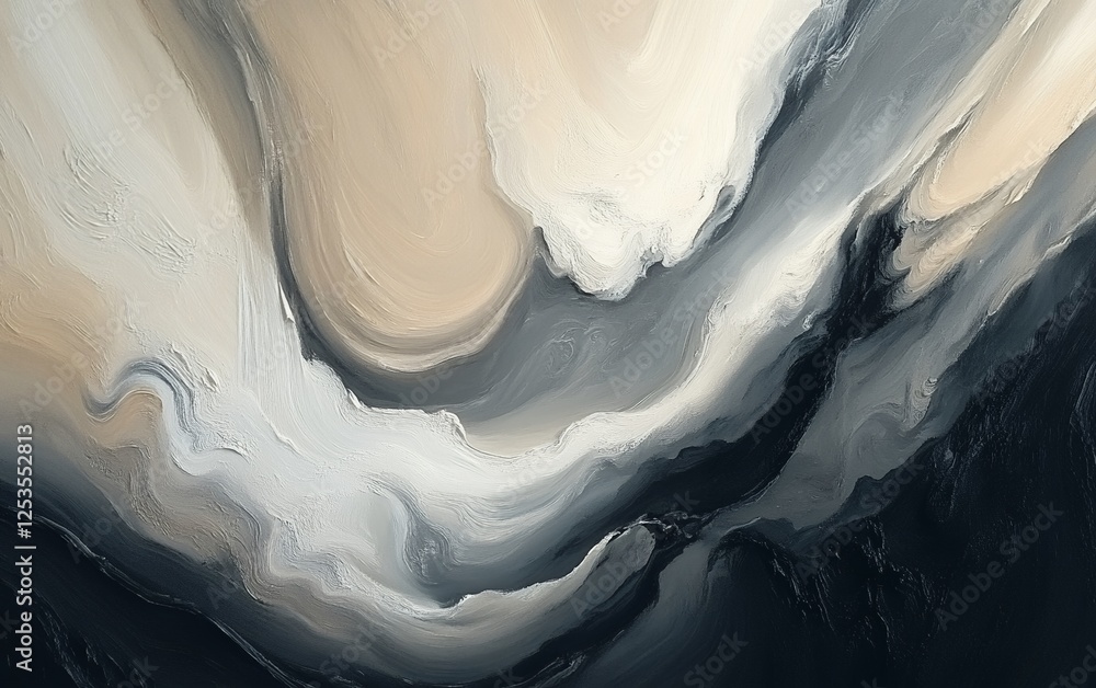 Poster elegant black, white, and beige fluid abstract art with soft flowing curves and smooth dynamic lines
