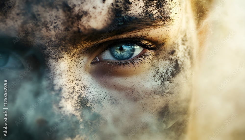 Poster intense close-up of an eye surrounded by dark particles and smoke particulate matter concept