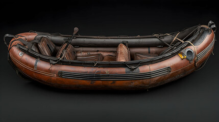 Worn inflatable raft, dark background, adventure travel