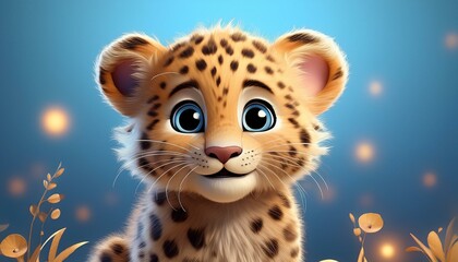 Fototapeta premium Niedliches Leopardenbaby, blauer Hintergrund