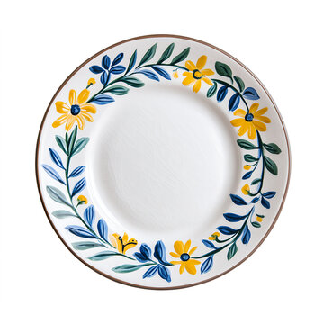 Hand painted ceramic plate with floral design on white background