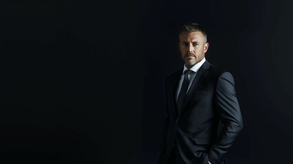 Fototapeta premium Confident businessman in suit,CEO,standing against dark background,portrait,copy space,banner.