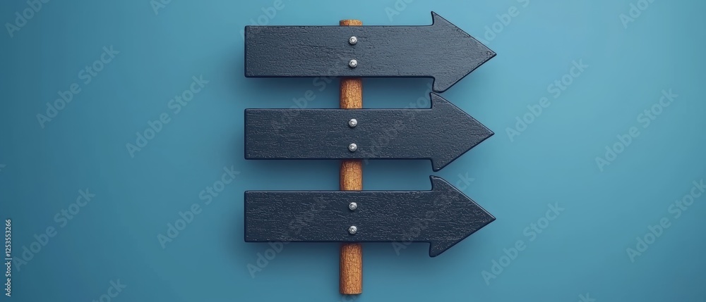 Poster gray metal sign with three arrows pointing in different directions on a blue background