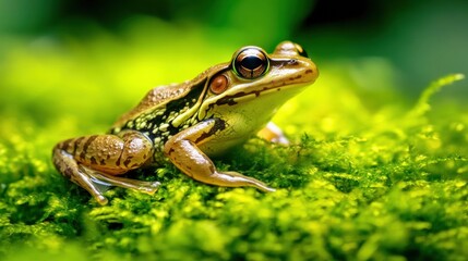 Obraz premium Colorful frog resting on lush green moss in a vibrant forest ecosystem during daylight. Generative AI