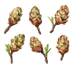 Fototapeta premium Six detailed illustrations of larch tree cones, set against a pure white backdrop. The cones exhibit variations in light and dark green and tan hues, mimicking natural color gradations, with delicate