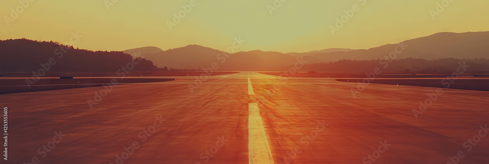 Poster runway illuminated by soft golden light at dawn with long shadows stretching across the surface