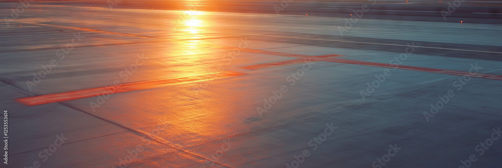 Poster runway at dawn bathed in soft golden light with long shadows stretching across the surface