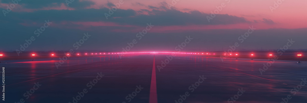 Poster dusk runway with fading light and first lights illuminating the path for flights