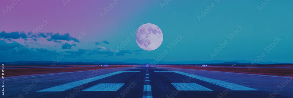 Poster runway illuminated by full moon at night with soft shadows and clear markings