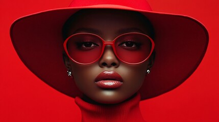 bold elegance: striking portrait in red fashion with stylish accessories © Thanayut