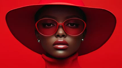 bold elegance: striking portrait in red fashion with stylish accessories © Thanayut
