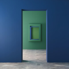 open doorway view of a solid beautiful color of blue wall, through the doorway there is a glimpse of another green room for copy space backdrop