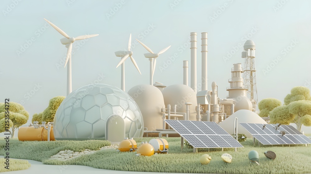 Aufkleber stylized of a futuristic sustainable energy environment with spinning wind turbines expansive solar 