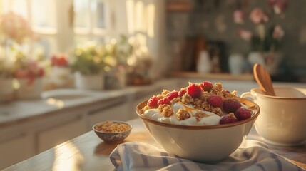 Raspberry Granola Bowl: Yogurt, Healthy Breakfast, Delicious Food Still Life