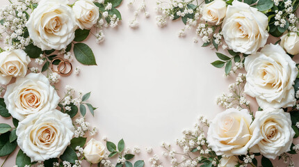 Wedding or anniversary invitation, wedding invite background with white roses and rings.