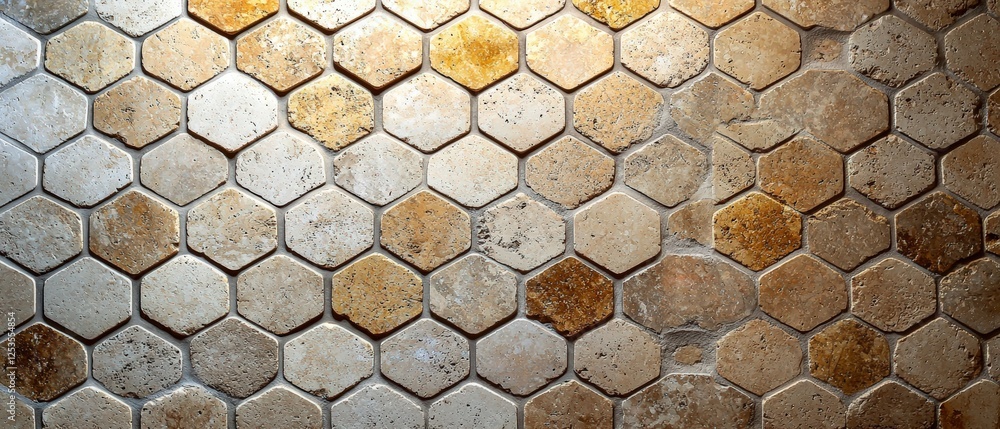 Aufkleber light beige hexagonal stone wall with textured patterns in warm tones for elegant interior design an