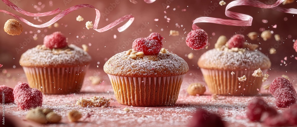 Poster Floating Muffins Surrounded by Streamers in a Dreamy Atmosphere with Raspberry Decoration and Playful Vibes