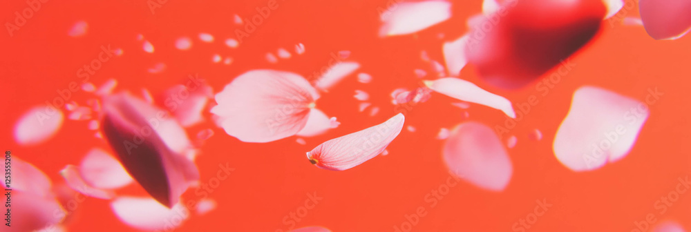 Poster Sakura petals fall gently on a vibrant red background creating a stunning visual effect