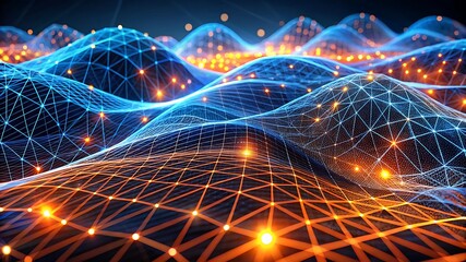 Abstract digital wave grid with glowing interconnected lines in blue and orange tones, representing futuristic AI, data visualization, and technological networks on a dark background.