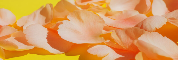 Scattering of sakura petals on a bright yellow background creates vibrant visual appeal