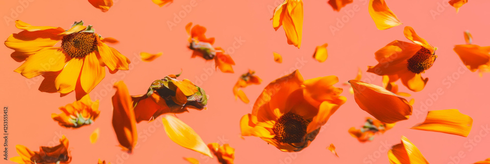 Poster sunflower petals and seeds scattered on a bright peach background for a vibrant display