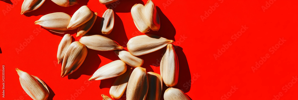 Poster sunflower seeds scattered on a vibrant red background showcasing varied sizes and textures